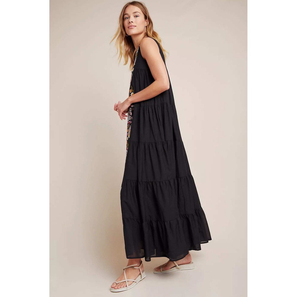 Anthropologie Samant Chauhan Black Jacaranda Tiered Maxi Dress Embroidered 8 - Picture 2 of 16